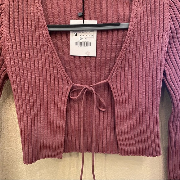 NWT~ZARA Ribbed Knit Cropped Cardigan Tie Front in Dusty Rose Size Small - Picture 3 of 6